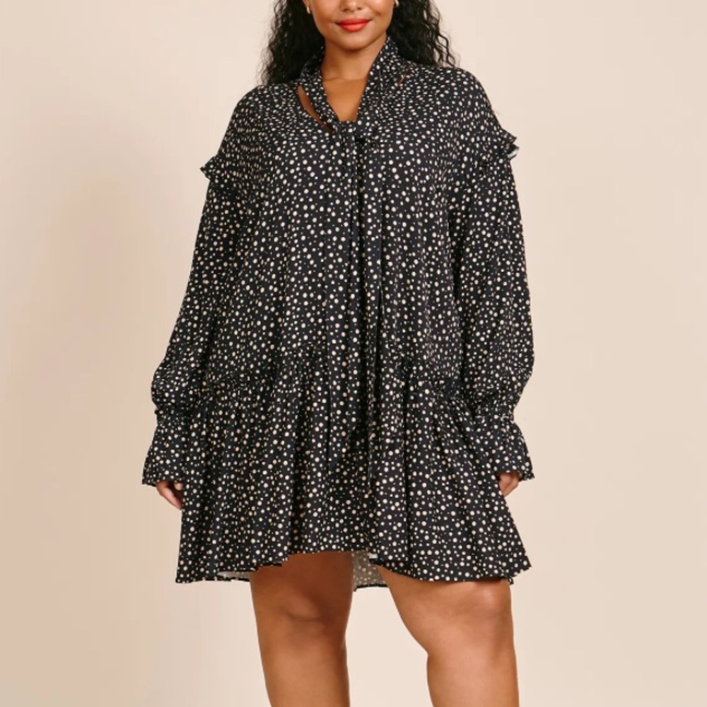 11 Honore Black Tan Scatter Polka Dot Long Sleeve Tie V-Neck Flowy Mini Dress
